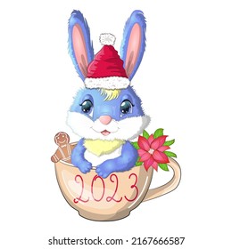 A cute cartoon rabbit in a Santa hat sits in a cup with cookies and poinsettia. Winter 2023, Christmas and New Year.