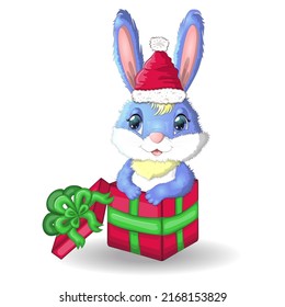 Cute cartoon rabbit in santa hat with a gift. Winter 2023, Christmas and New Year.