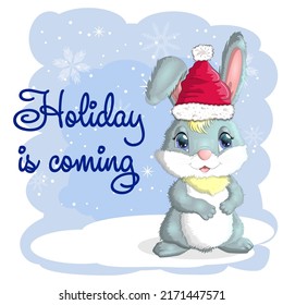 Cute cartoon rabbit in a Santa hat on a background of snow. Winter 2023, Christmas and New Year.