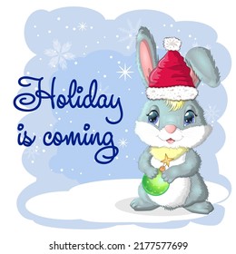 Cute cartoon rabbit in a Santa hat on a background of snow. Winter 2023, Christmas and New Year.