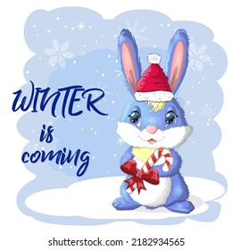 Cute cartoon rabbit in a Santa hat on a background of snow. Winter 2023, Christmas and New Year.