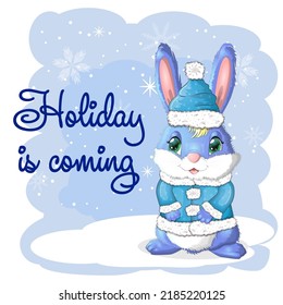 Cute cartoon rabbit in a Santa hat on a background of snow. Winter 2023, Christmas and New Year.