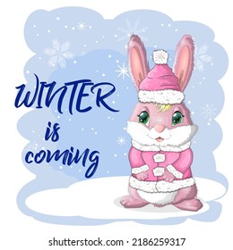 Cute cartoon rabbit in a Santa hat on a background of snow. Winter 2023, Christmas and New Year.