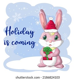 Cute cartoon rabbit in a Santa hat on a background of snow. Winter 2023, Christmas and New Year.