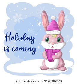 Cute cartoon rabbit in a Santa hat on a background of snow. Winter 2023, Christmas and New Year.