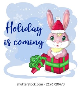 Cute cartoon rabbit in a Santa hat on a background of snow. Winter 2023, Christmas and New Year.