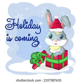 Cute cartoon rabbit in a Santa hat on a background of snow. Winter 2023, Christmas and New Year.