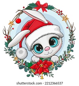 Cute Cartoon Rabbit in Santa hat with christmas wreath