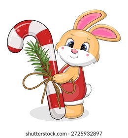 Conejo lindo de la historieta con el sombrero de Santa y el bastón de caramelo de las Navidades. Ilustración vectorial del año Nuevo de la comida animal y dulce en el fondo blanco.