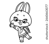 Cute cartoon rabbit  schoolboy with a textbook, waving his paw in greeting outlined for coloring page on white background