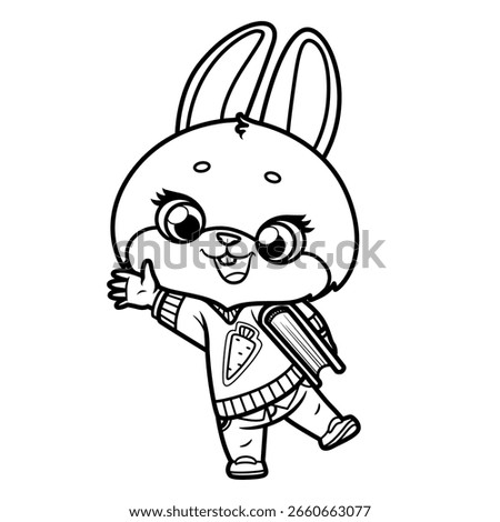 Cute cartoon rabbit  schoolboy with a textbook, waving his paw in greeting outlined for coloring page on white background