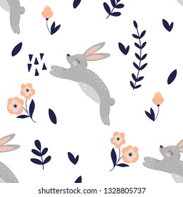 Cute cartoon rabbit seamless pattern. Rabbit and flowers vector illustration.