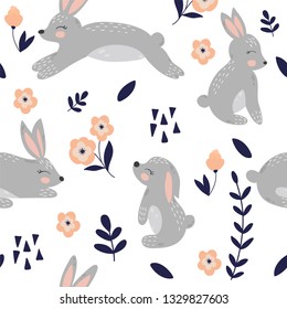 Cute cartoon rabbit seamless pattern. Rabbit and flowers vector illustration.
