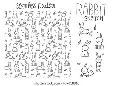 cute cartoon rabbit seamless pattern with carrots. Bunny illustration. Funny animals.