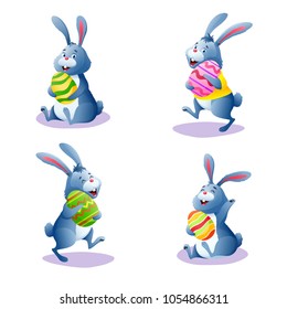 Cute cartoon rabbit set with chocolate easter painted eggs. Happy bunny collection isolated on white background. Decoration for greeting card, banner. Easter egg hunt. Colorful vector illustration.