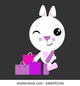 Cute cartoon rabbit shopping. The bunny stands next to the packages and winks. Vector illustration