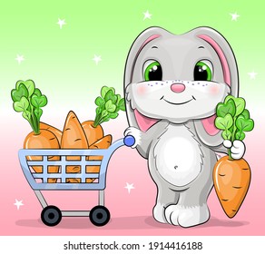 Cute cartoon rabbit with a shopping cart full of carrots. Vector illustration of an animal on grocery shopping.