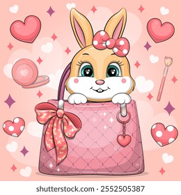 Cute cartoon rabbit sits in a woman's bag. Vector illustration of an animal on a pink background with hearts.