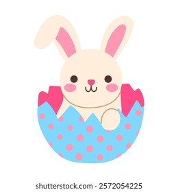 A cute cartoon rabbit is sitting in an egg. The rabbit is smiling and has a pink nose. The egg is blue and pink with white dots