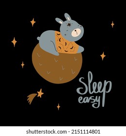 Cute cartoon rabbit sleeping on the planet. Vector illustration on black background for children's design