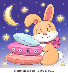 Cute cartoon rabbit is sleeping on the pillows. Night vector illustration on a dark blue background with stars and moon.