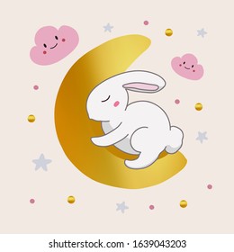 Cute cartoon rabbit sleeps on the moon with clouds and stars. Hand drawn digital art illustration of animal. Baby hare vector illustration. Nursery artwork.