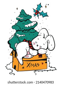 Cute cartoon rabbit sleeps under the Christmas tree. Christmas bunny with gifts. Print for a postcard.