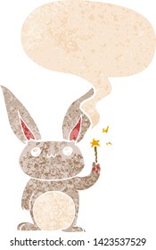 cute cartoon rabbit with speech bubble in grunge distressed retro textured style