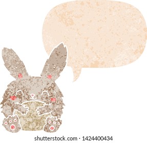 lindo conejo de dibujos animados con burbuja de habla en un estilo retro angustiado estilo texturizado