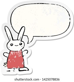 lindo conejo de dibujos animados con burbuja de habla angustiado viejo pegatina
