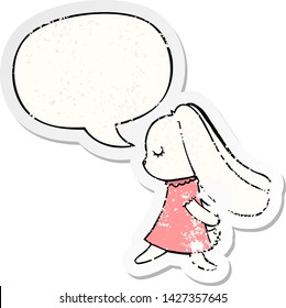 lindo conejo de dibujos animados con burbuja de habla angustiado viejo pegatina