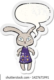 cute cartoon rabbit with speech bubble distressed distressed old sticker
