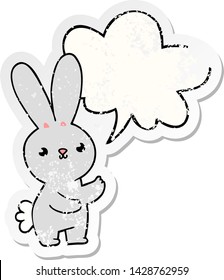 cute cartoon rabbit with speech bubble distressed distressed old sticker