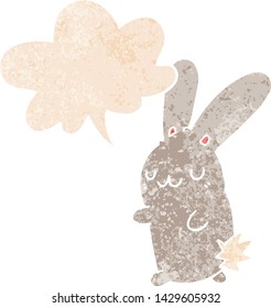 cute cartoon rabbit with speech bubble in grunge distressed retro textured style