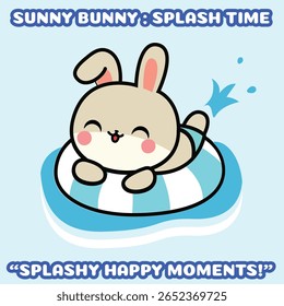 A cute cartoon rabbit splashing playfully in a striped swim ring on a bright summer day. Cheerful and joyful moment captured in a flat vector illustration.