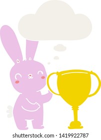 cute cartoon rabbit with sports trophy cup with thought bubble in retro style