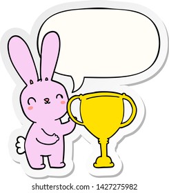 cute cartoon rabbit with sports trophy cup with speech bubble sticker