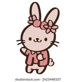 cute Cartoon rabbit stand and wave hello. Easter day. outline vector