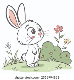 A cute cartoon rabbit standing in a grassy field with flowers.