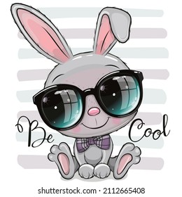 Cute Cartoon Rabbit with sun glasses on the stripes background