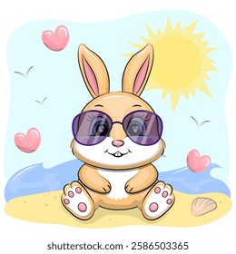 Cute cartoon rabbit with sunglasses on the beach. Summer animal vector illustration with sun, sea and sand.