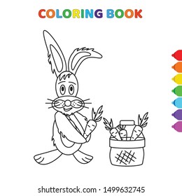 cute cartoon rabbit takes carrot and standing behind parrot basket coloring book for kids. black and white vector illustration for coloring book. rabbit takes carrot and standing behind parrot