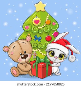 Cute Cartoon Rabbit and Teddy Bear  near the Christmas tree