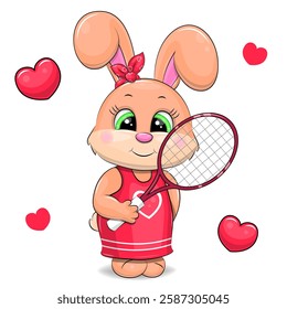 Cute cartoon rabbit tennis player holding a tennis racket. Sport vector illustration of animal and red hearts on white background.