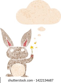 cute cartoon rabbit with thought bubble in grunge distressed retro textured style