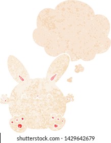 cute cartoon rabbit with thought bubble in grunge distressed retro textured style
