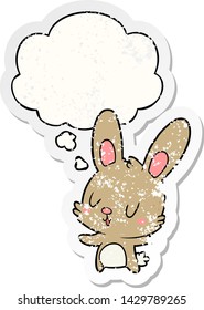lindo conejo de dibujos animados con burbuja mental como pegatina gastada angustiada