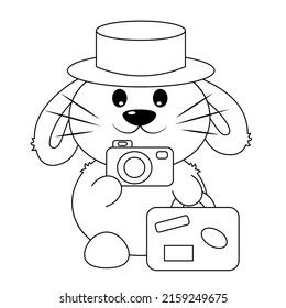 Cute cartoon Rabbit Tourist with camera and suitcase. Draw illustration in black and white