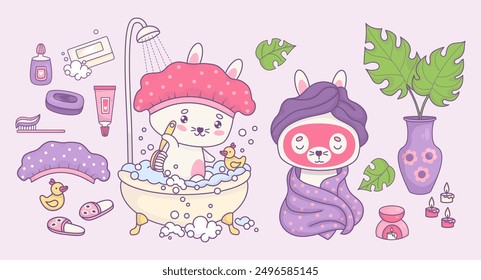 Cute cartoon rabbit in towel with mask on face and hare in shower cap bathes in foam bath. Set accessories for shower and cosmetics, hygiene products and aroma lamp with vase. Isolated vector elements