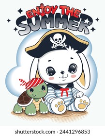 Cute cartoon rabbit and turtle in sailor suit with text "Enjoy the summer" slogan isolated on white background illustration vector.